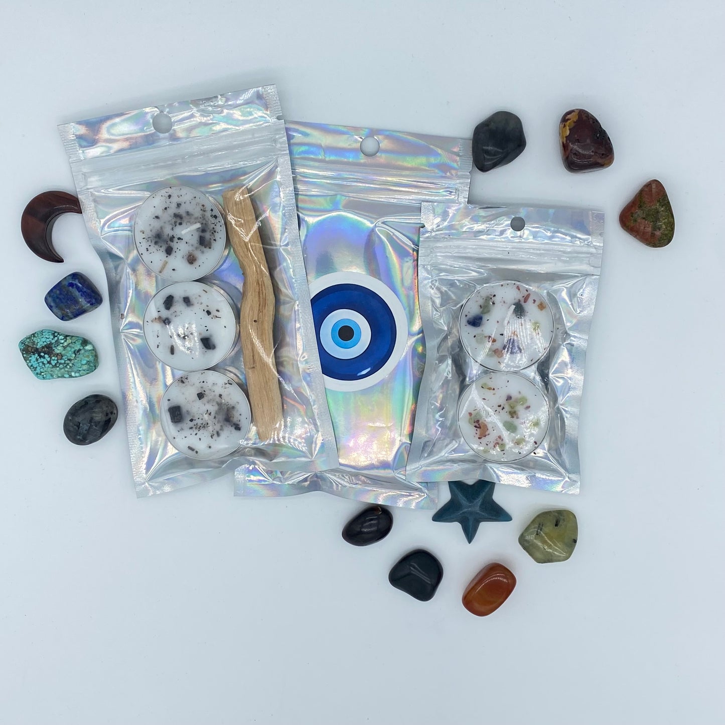 3pack Reiki & Crystal infused Tea Light Candles w/Palo Santo Kit