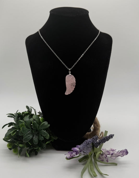 Polished Rose Quartz Wing Pendent w/neckless